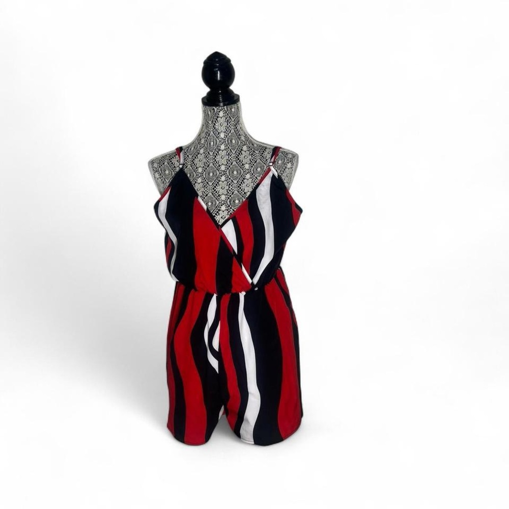 SHEIN Red Black White Striped Spaghetti Strap Surplice Romper